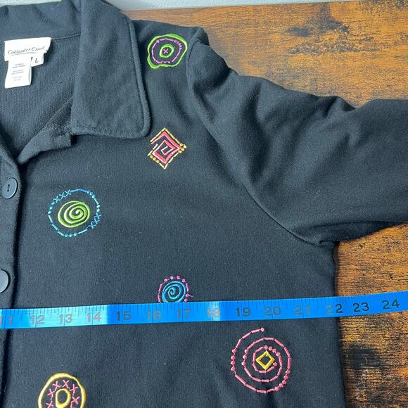 Coldwater Creek Jacket Sz L Art To Wear Applique Embroidered Buttons Cotton Boho - Picture 8 of 9
